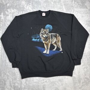 Vintage Wolf Sweatshirt Men XXL Black Distressed Paint Moon Nature USA 80s